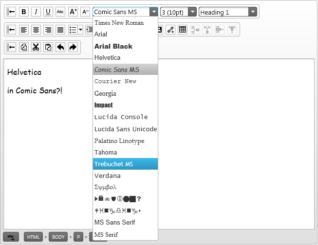 The enriched fonts dropdown in the HTML Editor, previewing the available typefaces.