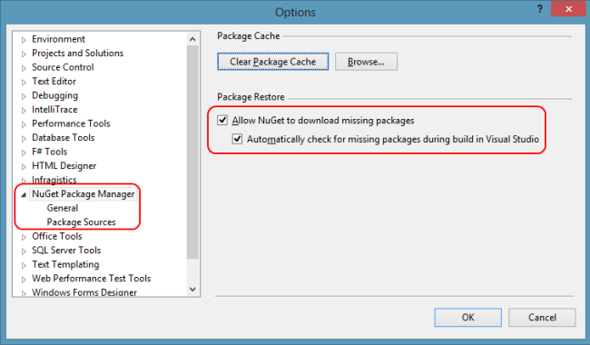 Visual Studio option for restoring missing packages