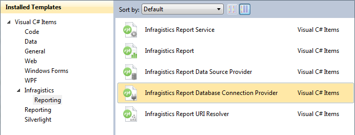 Infragistics Report Database Connection provider template available in Visual Studio.