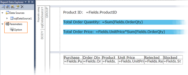 The Report Designer inside Visual Studio with the layout and the Data Explorer showing the additional parameter