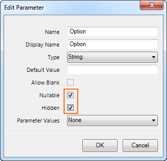 Report Parameter's options set to allow for null/Nothing values and hide the parameter from the end-user