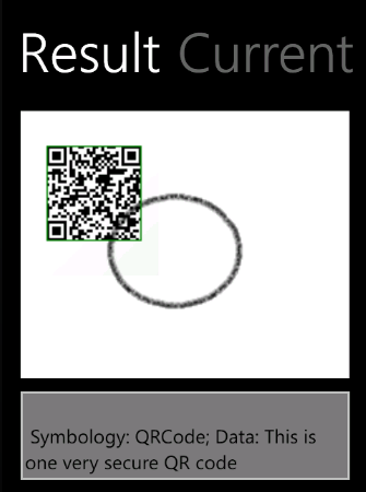 The XAML Barcode Reader ddemo app showing filtered image and result.