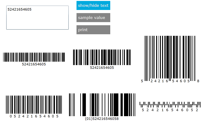 Demo application with multiple barcode controls all with their 'ShowText' property boung to a toggle button.
