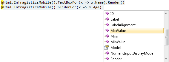 IgniteUI mobile MVC helper allows control creation in familiar manner and with the conforts of IntelliSense