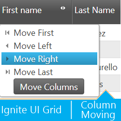 Ignite UI jQuery Grid with Column Moving feature. Dropdown menu visible on the shot.