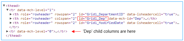 The THEAD markup generated for the Multi-Column Headers with levels and id-s