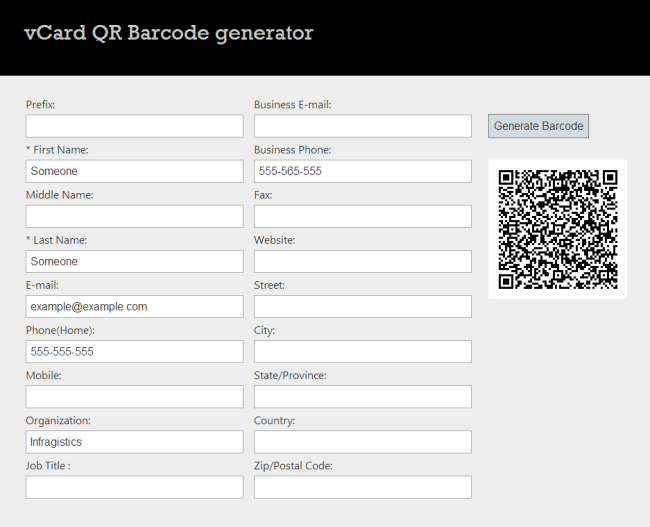 vCard QR barcode generator for ASP.NET with WPF